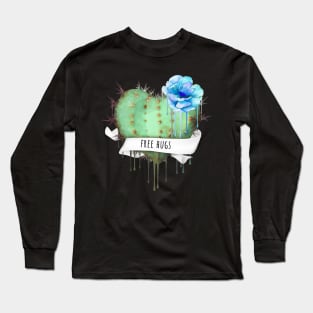 Cactus heart watercolor blue flower free hugs Long Sleeve T-Shirt